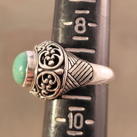 Bali Flower Scroll Green Turquoise Sterling Silver Statement Ring - Picture 7 of 9